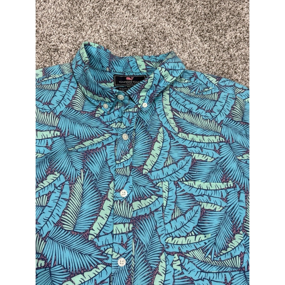 Vineyard Vines Mens XL Murray Shirt Blue Palm Tree Print Short Sleeve Slim Fit